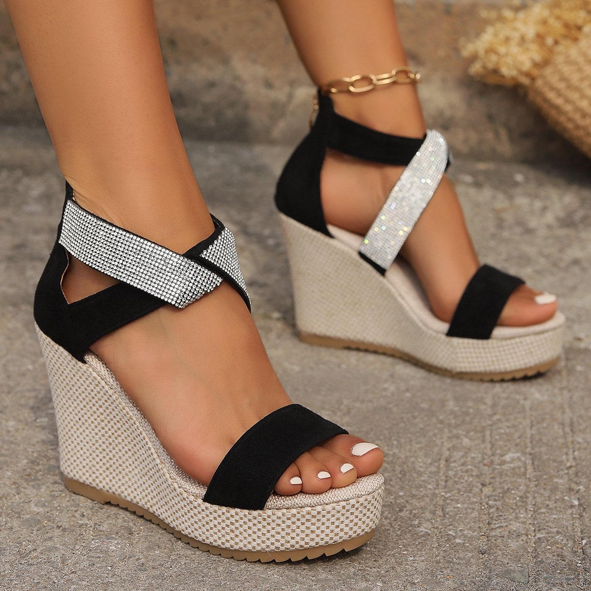 High Wedges Sandals With Rhinestone Design | Infrotech